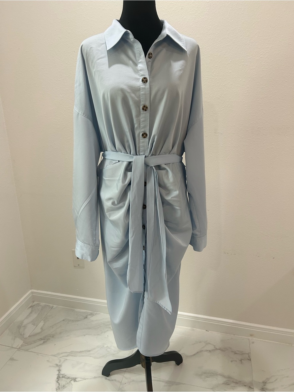Antonio Melani Light Blue Ruched Waist Shirt Dress With Tie - Picture 3 of 11